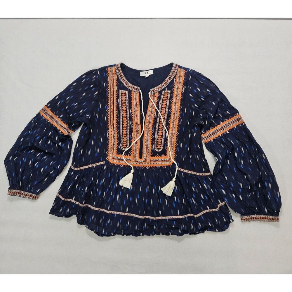 THML Navy Blue Orange Embroidered Ikat Peasant Blouse Womens Small Tassel Cotton